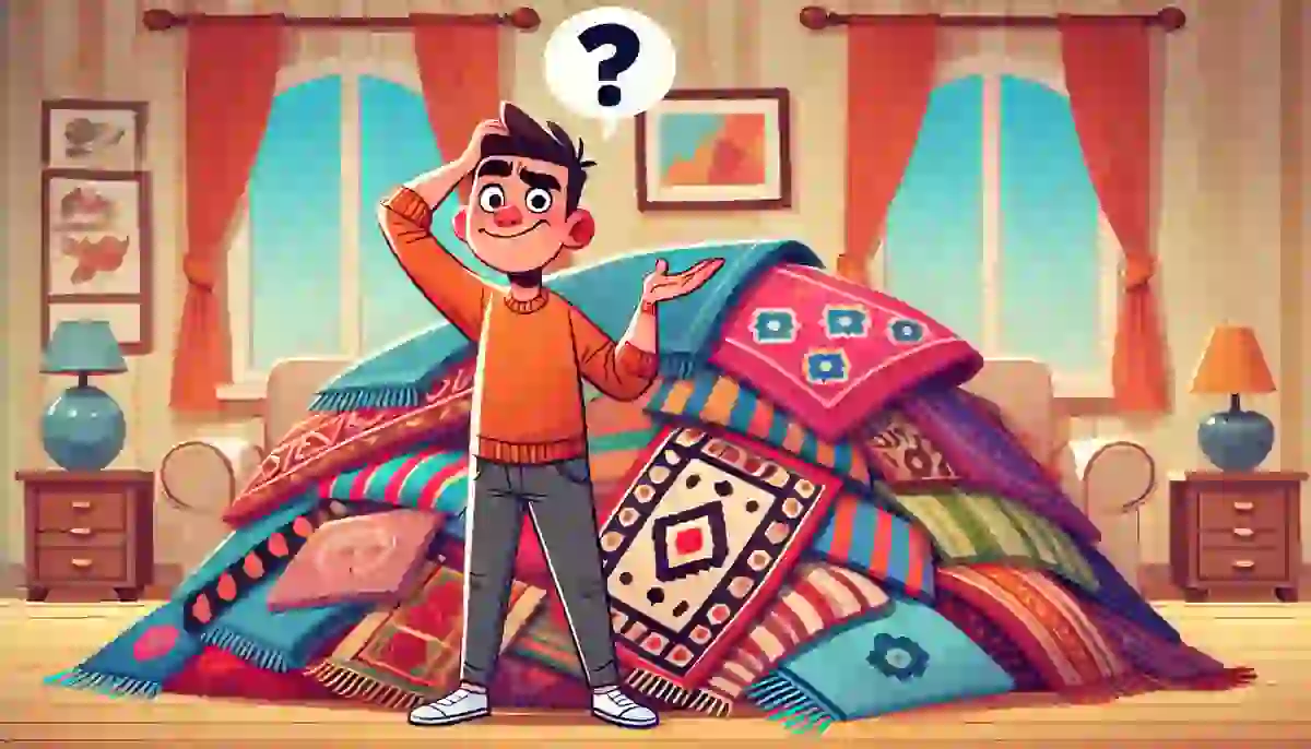 A cartoon character looking confused in front of a colorful pile of kilim rugs, symbolizing the challenges of choosing the perfect rug for home decor