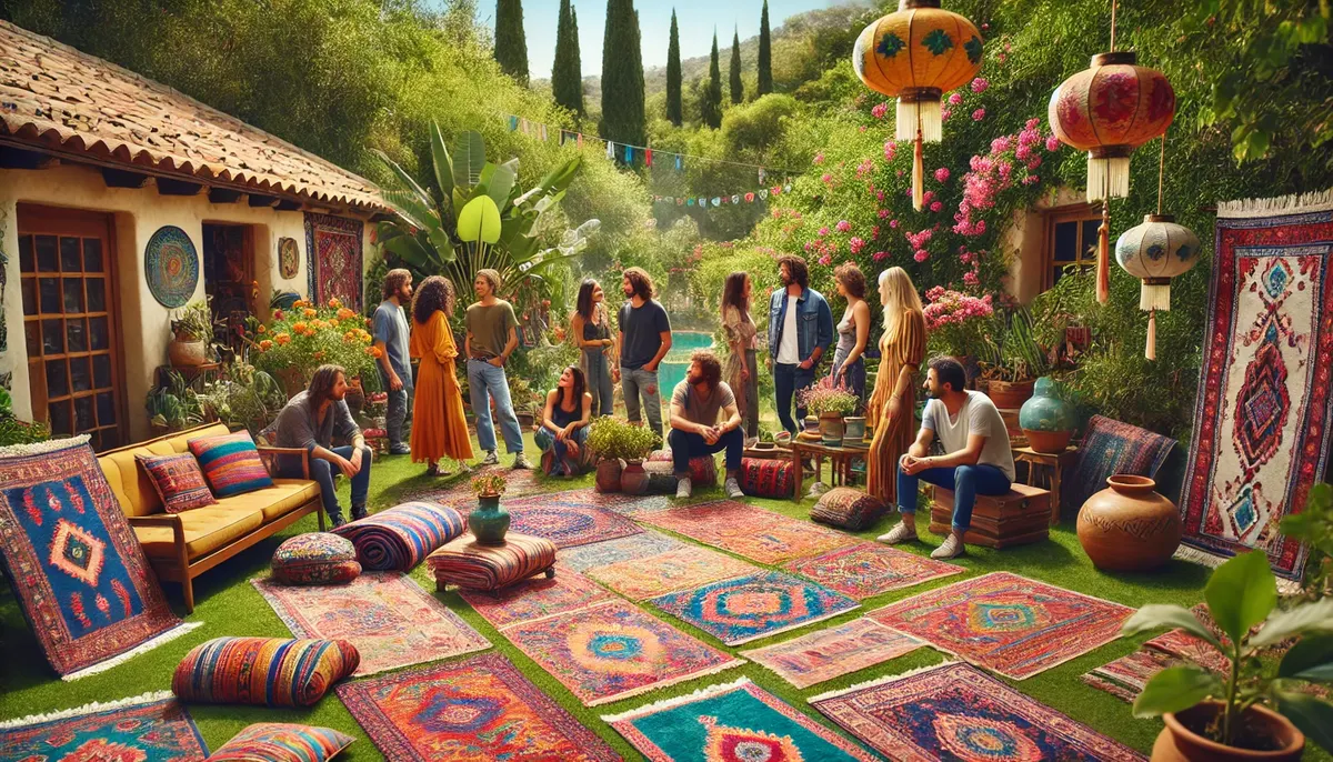 A diverse group of people enjoying a sunny day in a lush garden, gathered around a colourful display of decorative rugs and kilims laid out on the grass, showcasing a warm and inviting atmosphere