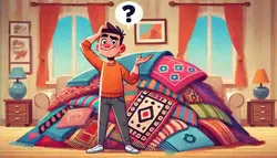 A cartoon character looking confused in front of a colorful pile of kilim rugs, symbolizing the challenges of choosing the perfect rug for home decor