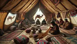 Nomadic people seated inside a traditional tent, weaving a decorative bag with rugs and cushions on the floor, reflecting a pastoral nomadic lifestyle.