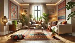 A beautifully styled living room featuring a vibrant kilim rug on a polished wooden floor, cosy furniture, and warm, inviting decor