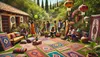 A diverse group of people enjoying a sunny day in a lush garden, gathered around a colourful display of decorative rugs and kilims laid out on the grass, showcasing a warm and inviting atmosphere